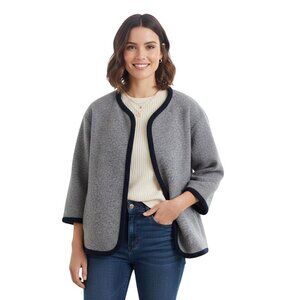 J.Crew Wool Blend Wrap Cardigan Jacket Gray Navy Trim Pockets Size S